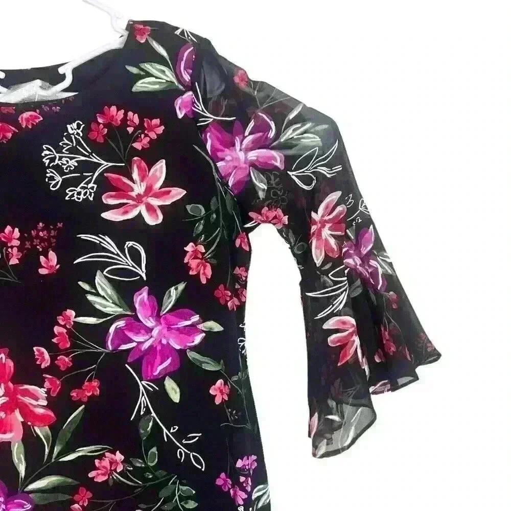 Studio One New York Women's Sheer Sleeves Black‎ Floral Dress Size Medium - Picture 4 of 13